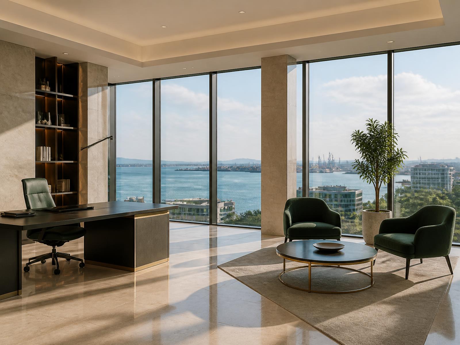 Moderner Beratungsraum mit Blick über Burgas und das Schwarze Meer